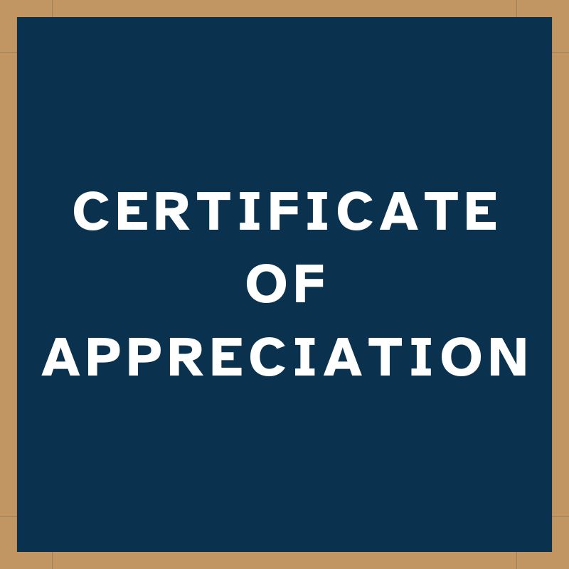 Navy blue background with Certificate of Appreciation in white text.