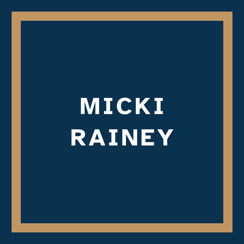 Navy blue background with Micki Rainey in white text.