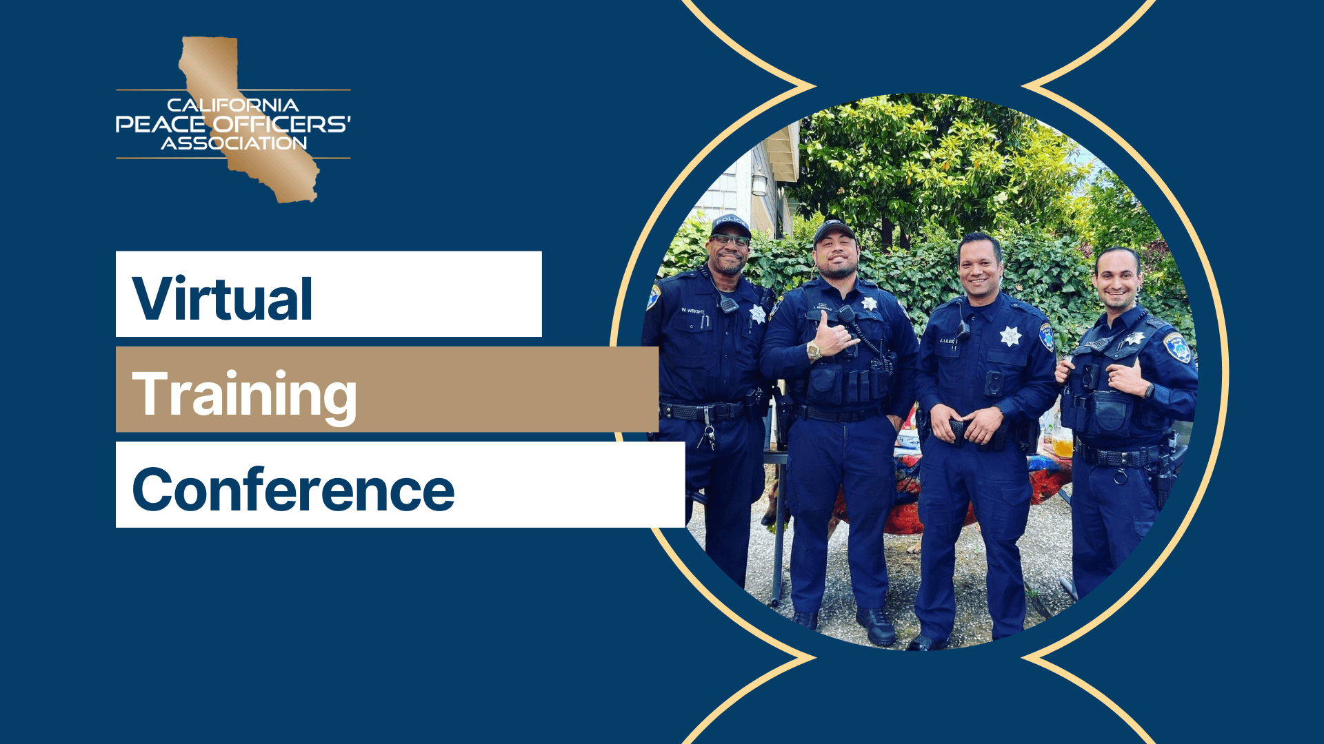CPOA Virtual Training Banner - Blue background with a photo of 4 smiling officers.