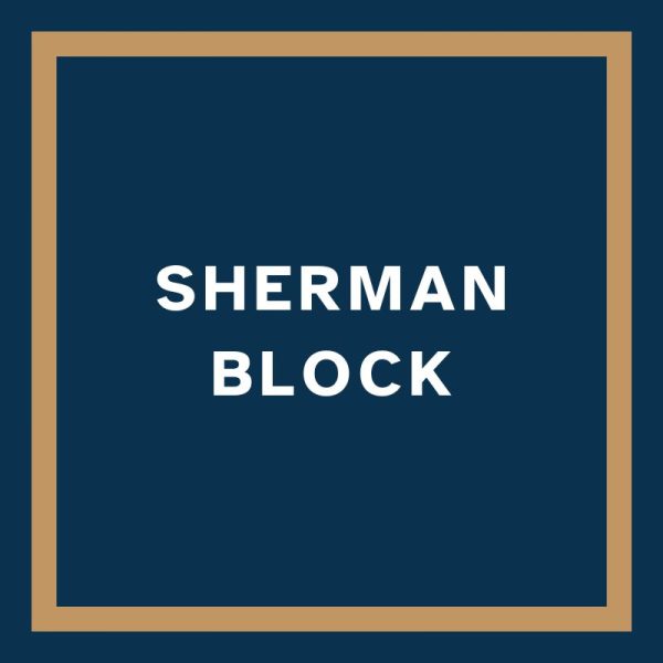Navy blue background with Sherman Block in white text.